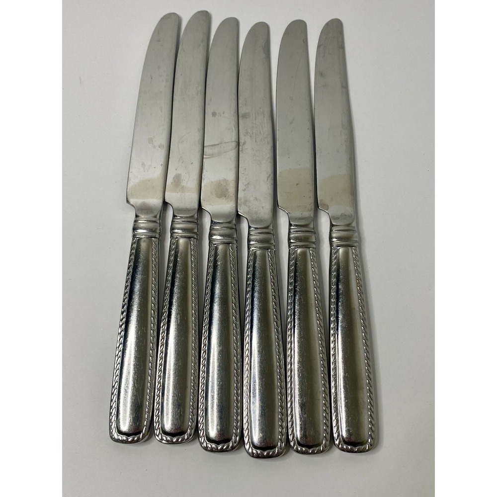 Reed & Barton BARRETT Rope Feathered Edge Glossy Dinner Knives 9 3/4" Lot Of 6 - Picture 4 of 6